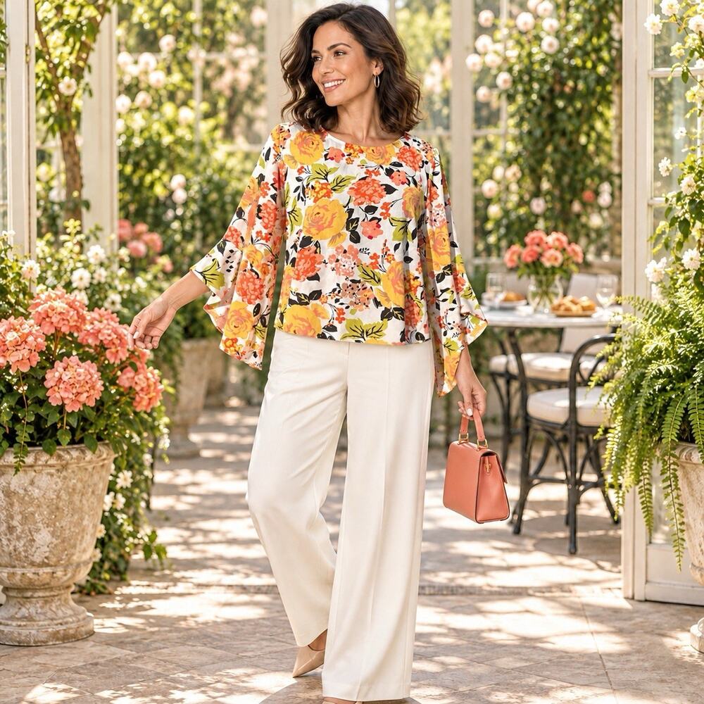 Kasper Womens M Floral Split Bell Sleeve Blouse Multicolor NWT Career Office Top